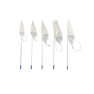 Five Espiner tissue retrieval bags of different sizes, each on a long introducer rod with a blue tip